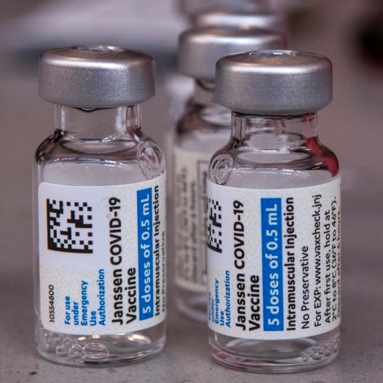 AUGUSTA, ME - MARCH 20: Vials of Johnson&Johnson vaccine seen during a COVID-19 vaccination event hosted by Augusta Fire Rescue Saturday March 20, 2021 at Cony Middle and High School in Augusta. (Staff photo by Joe Phelan/Staff Photographer)