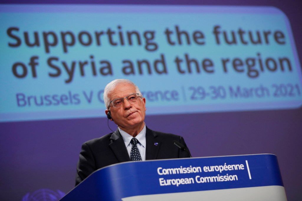 European Union foreign policy chief Josep Borrell listens to a question during an online joint news conference with UN Under-Secretary General for Humanitarian Affairs and Emergency Relief Coordinator Mark Lowcock at the conclusion of a conference 'Supporting the future of Syria and the region' at the European Commission headquarters in Brussels, Tuesday, March 30, 2021. (AP Photo/Francisco Seco, Pool)
