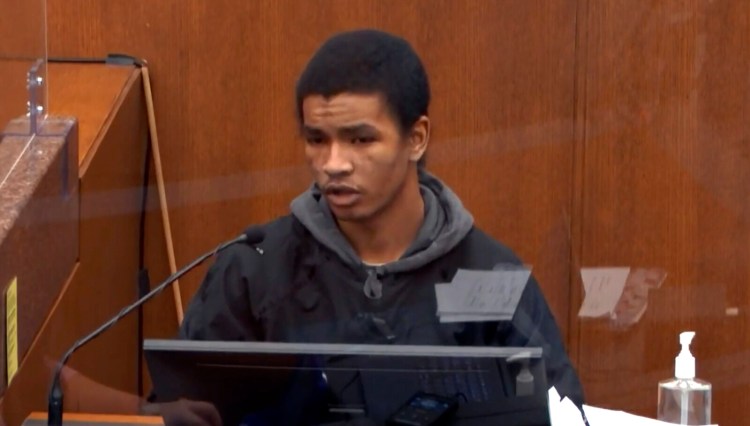 In this image from video, witness Christopher Martin answers questions as Hennepin County Judge Peter Cahill presides Wednesday, March 31, 2021, in the trial of former Minneapolis police Officer Derek Chauvin, in the May 25, 2020, death of George Floyd at the Hennepin County Courthouse in Minneapolis, Minn. (Court TV via AP, Pool)