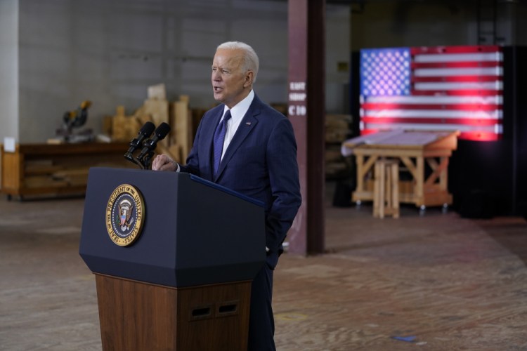 President Biden delivers a speech on infrastructure spending at Carpenters Pittsburgh Training Center on Wednesday in Pittsburgh. 