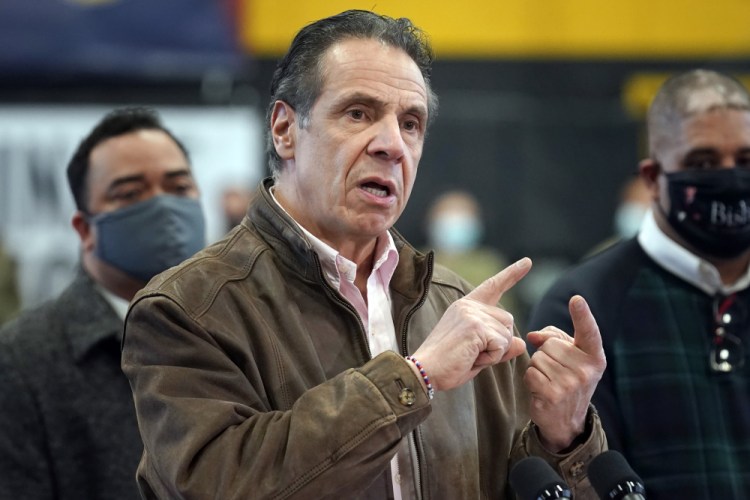 New York Gov. Andrew Cuomo holds a news conference at a COVID-19 vaccination site in Brooklyn on Feb. 22. Senate Majority Leader Andrea Stewart-Cousins became the first senior Democrat in the state to say the three-term governor should resign.