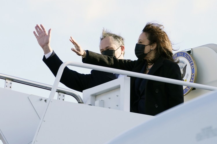 Vice President Kamala Harris and her husband, Doug Emhoff, board Air Force Two at Andrews Air Force Base, Md., on Monday en route to Las Vegas. 

