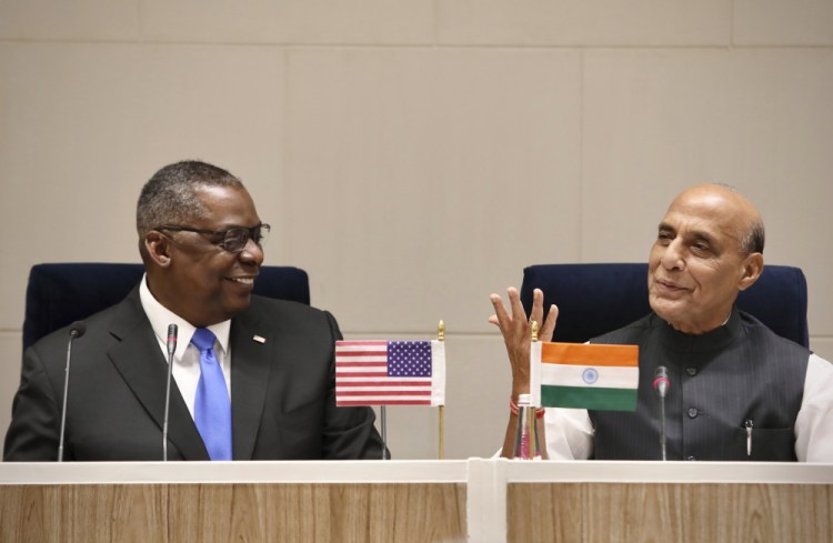 Indian Defense Minister Rajnath Singh, left, and U.S. Defense Secretary Lloyd Austin prepare to deliver a joint press statement in New Delhi on Saturday.


