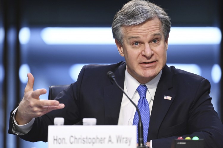 FBI Director Christopher Wray testifies before the Senate Judiciary Committee on Capitol Hill in Washington on Tuesday.