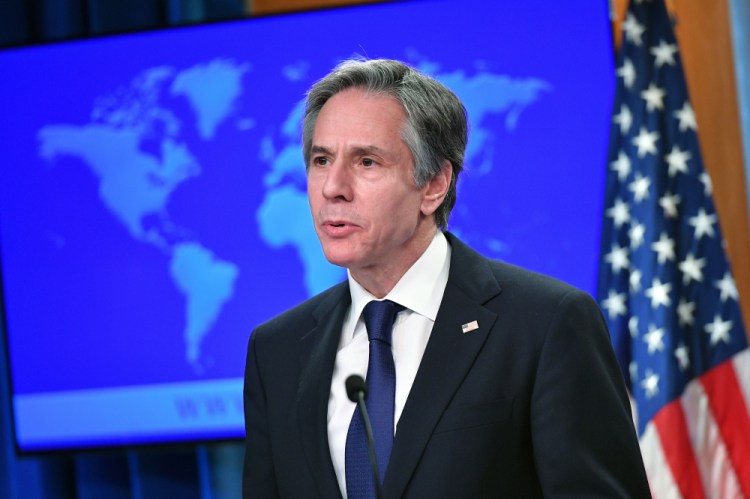 Secretary of State Antony Blinken speaks about the release of the "2020 Country Reports on Human Rights Practices," at the State Department in Washington on Tuesday.