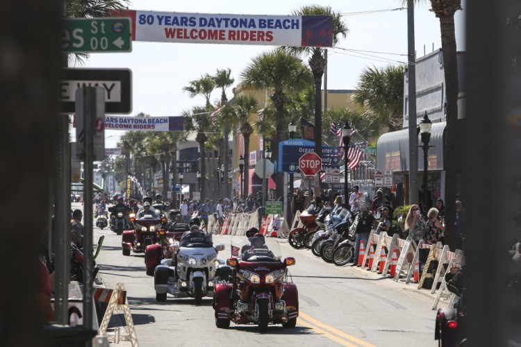 Bikers ride up and down Main Street in Daytona, Fla., during the starting day of Bike Week on Friday, March 5. 