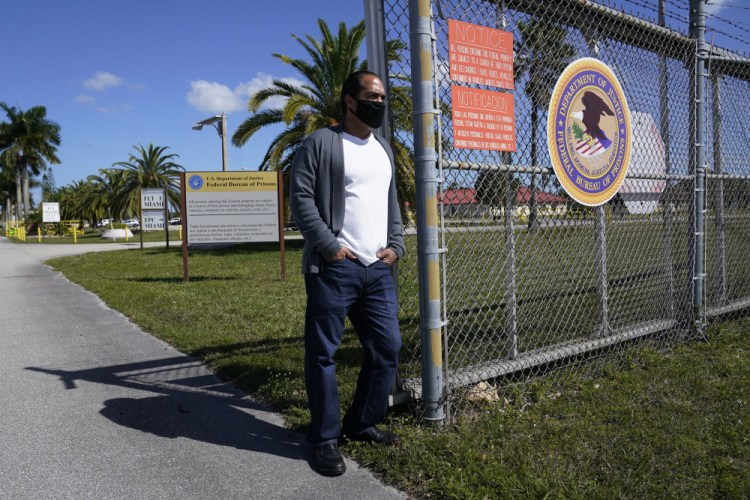 Kareen Troitino stands outside the Federal Corrections Institution on March 12 in Miami. Troitino, a local corrections' officer union president, said that fewer than half of the facility's 240 employees have been fully vaccinated as of March 11. Many of the workers who refused had expressed concerns about the vaccine’s efficacy and side effects, Troitino said. 
