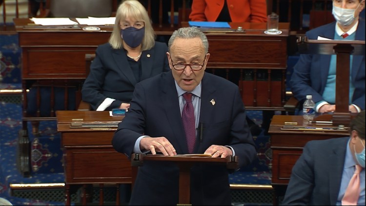 In this image from video, Senate Majority Leader Chuck Schumer of New York speaks before the final vote on the Senate version of the COVID-19 relief bill in the Senate at the U.S. Capitol in Washington on Saturday. The House is expected to vote on the bill on Wednesday.