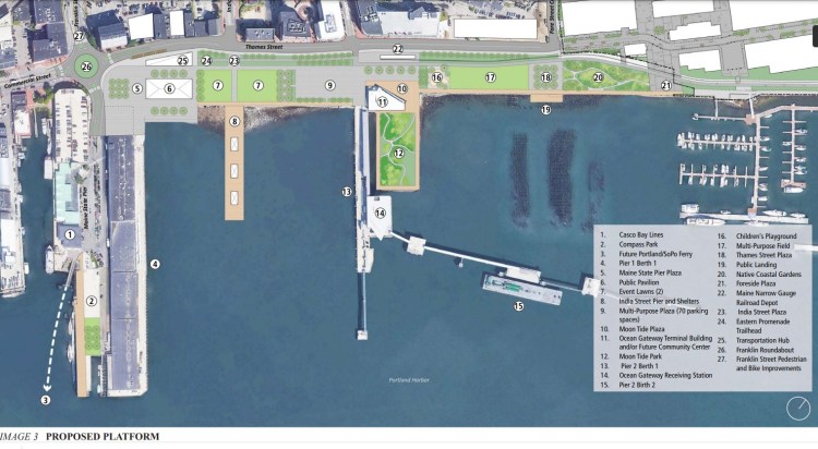 Plans to create a new Harbor Common on Portland's eastern waterfront include event lawns, plazas, a playground, native coastal gardens and a public pavilion. The plan also includes a traffic roundabout at the intersection of Franklin and Commercial streets.