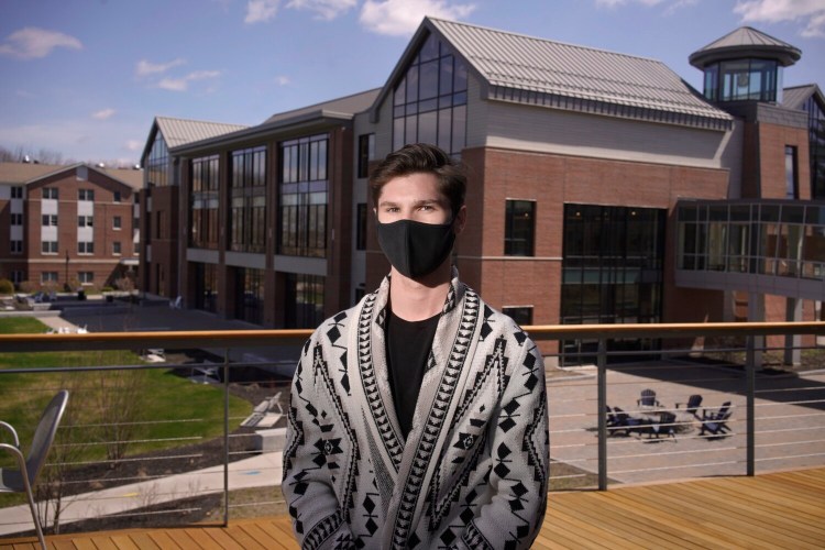BIEDDEFORD, ME - APRIL 23: Nicholas Milles, a freshman at the University of New England studying medical biology, opted not to include his SAT scores to his application to UNE. Photographed at the Biddeford campus on Friday, April 22, 2021. (Staff photo by Gregory Rec/Staff Photographer)