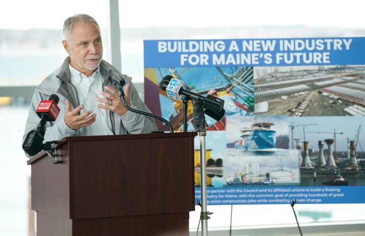 PORTLAND, ME - APRIL 7: Chris Wissemann of New England Aqua Ventus speaks at a press conference in Portland on Wednesday where an agreement between the Maine Building and Construction Trades Council and New England Aqua Ventus was announced. New England Aqua Ventus is currently developing a demonstration wind power project two miles south of Monhegan Island using technology developed at the University of Maine. New England Aqua Ventus says that the demonstration project will create hundreds of jobs during the construction period of the concrete floating platform that supports the wind turbine. (Staff photo by Gregory Rec/Staff Photographer)