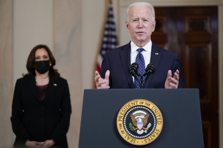 President Biden, accompanied by Vice President Kamala Harris, speaks Tuesday, at the White House in Washington after former Minneapolis police officer Derek Chauvin was convicted of murder and manslaughter in the death of George Floyd. 