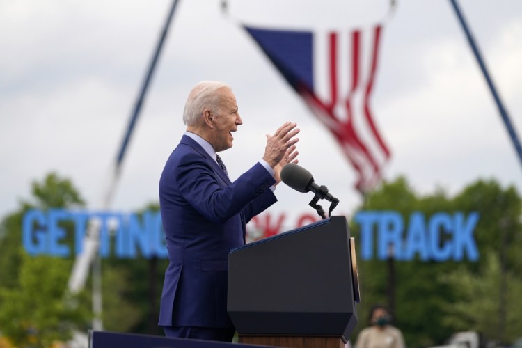 President Biden speaks during a rally at Infinite Energy Center to mark his 100th day in office Thursday in Duluth, Ga.