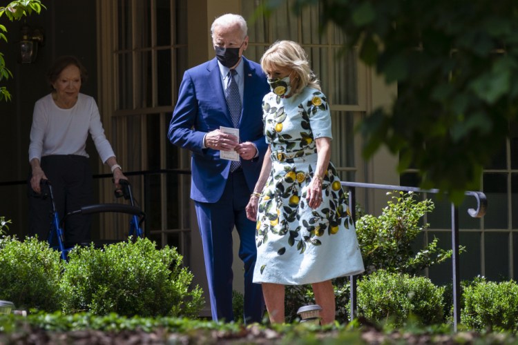 Former first lady Rosalynn Carter looks on as President Joe Biden and first lady Jill Biden leave the home of former President Jimmy Carter during a trip to mark Biden’s 100th day in office, Thursday, April 29, in Plains, Ga. 