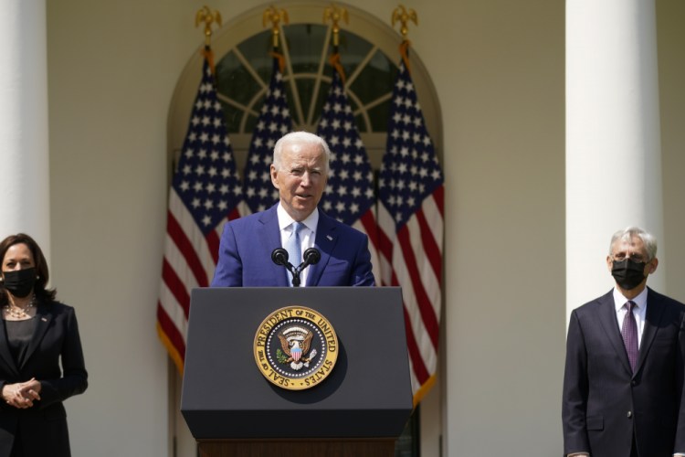 President Joe Biden, accompanied by Vice President Kamala Harris, and Attorney General Merrick Garland, speaks about gun violence prevention in the Rose Garden at the White House on Thursday.