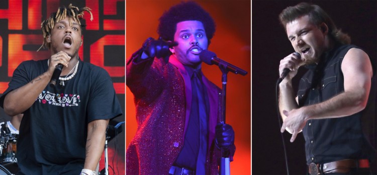 From left, Juice WRLD, The Weeknd and Morgan Wallen are up for 2021 Billboard Music Awards.
