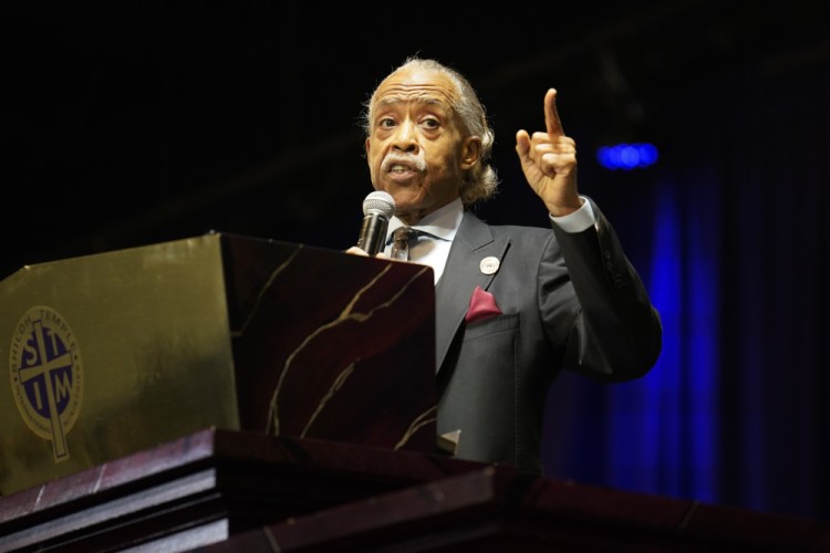 The Rev. Al Sharpton eulogizes Daunte Wright during funeral services at Shiloh Temple International Ministries in Minneapolis on Thursday. Wright, 20, was fatally shot by a Brooklyn Center, Minn., police officer during a traffic stop. 

