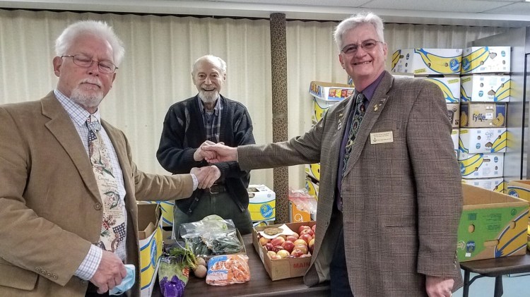 Dresden Masonic Lodge 103 made a donation to the Whitefield Area Food Pantry on April 2. From left are Junior Warden Worshipful Craig Rubner, Pantry Founding Member Earl Lemieux, and Secretary Right Worshipful Kevin Campbell.
