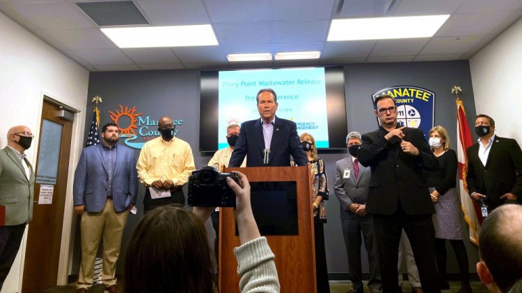 U.S. Rep. Vern Buchanan, R-Sarasota, addresses the media on Monday about the crisis at the former Piney Point phosphate plant, along with Manatee County officials.