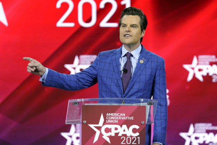 Rep. Matt Gaetz, R-Fla., speaks at the Conservative Political Action Conference (CPAC) in Orlando, Fla. on Feb. 26. 