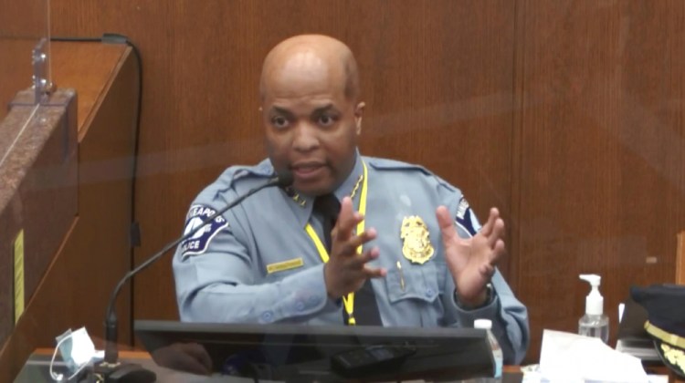 In this image from video, Minneapolis Police Chief Medaria Arradondo testifies on Monday in the trial of former Minneapolis police officer Derek Chauvin at the Hennepin County Courthouse in Minneapolis. Chauvin is charged in the May 25, 2020, death of George Floyd.
