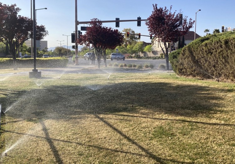Sprinklers water grass near a street corner Friday in the Summerlin neighborhood of northwest Las Vegas. 