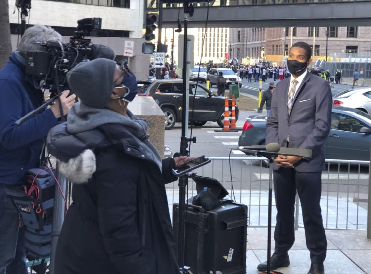 MSNBC correspondent Shaquille Brewster, right, on location covering the the trial of former Minneapolis police Officer Derek Chauvin in Minneapolis on Wednesday.

