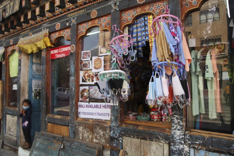 A shop in Thimpu, Bhutan displays face masks on April 12, 2021.