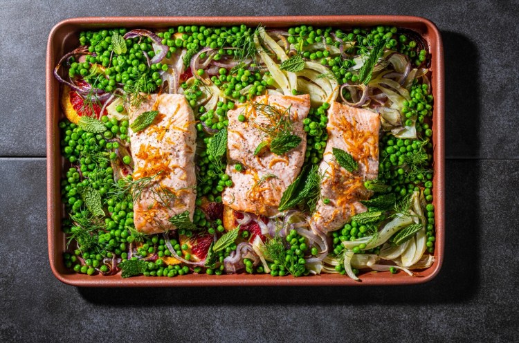 Sheet Pan Salmon With Minty Peas, Orange and Fennel. MUST CREDIT: Photo by Rey Lopez for The Washington Post.