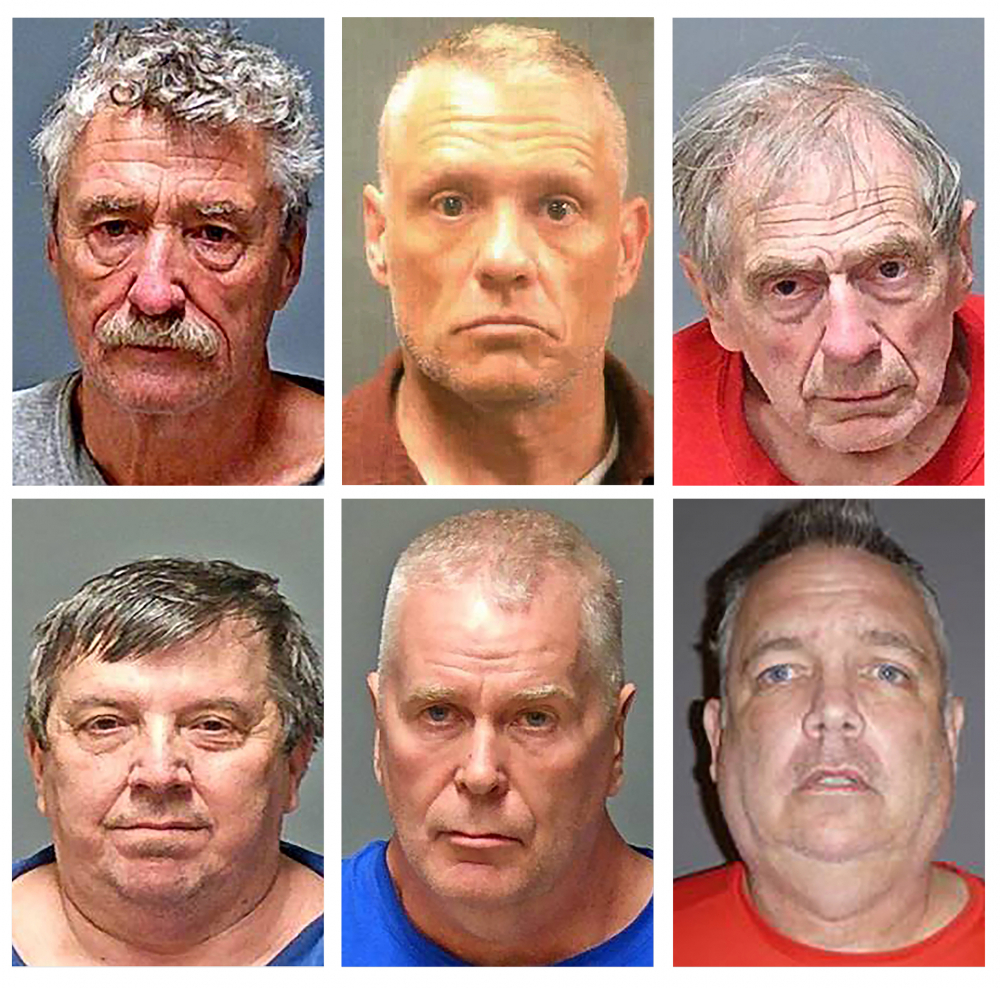 From top row left, Bradley Asbury, Jeffrey Buskey and Frank Davis; bottom row from left, Lucien Poulette, James Woodlock and Stephen Murphy. The six men were arrested April 7 in connection with sexual abuse allegations at New Hampshire's state-run youth detention center, the attorney general's office said.