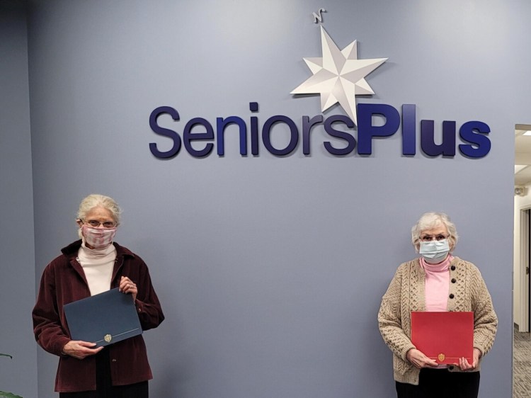 Sheila Sylvester, left,  and Kathleen Delehanty are the recipients of the 2021 Margaret Ross Award for volunteerism at SeniorsPlus, Western Maine’s designated Area Agency on Aging.

