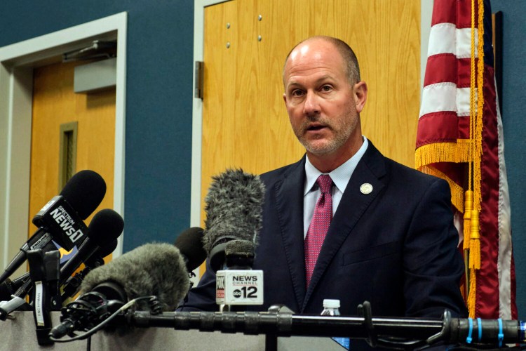 Pasquotank County District Attorney Andrew Womble answers questions from reporters after announcing he will not charge deputies in the April 21 fatal shooting of Andrew Brown Jr. during a news conference Tuesday, May 18, 2021 at the Pasquotank County Public Safety building in Elizabeth City, N.C.  Womble said he would not release bodycam video of the confrontation between Brown, a Black man, and the law enforcement officers, but he played portions of the video during the news conference that were broadcast by multiple news outlets. (Chris Day/The Daily Advance via AP)