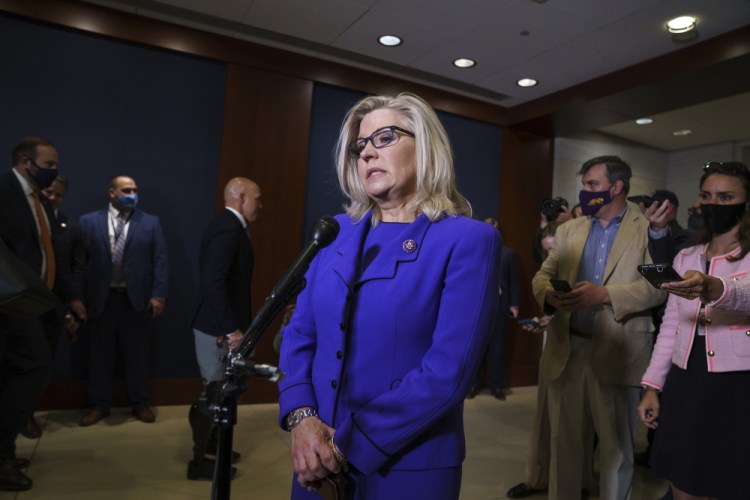 Rep. Liz Cheney, R-Wyo., speaks to reporters after House Republicans voted to oust her from her leadership post as chair of the House Republican Conference because of her repeated criticism of former President Donald Trump for his false claims of election fraud and his role in instigating the Jan. 6 U.S. Capitol attack.