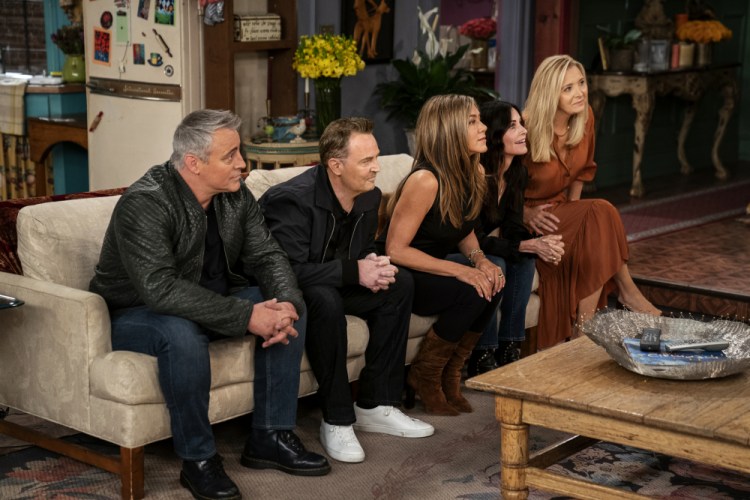 From left, Matt LeBlanc, Matthew Perry,  Jennifer Aniston, Courteney Cox and Lisa Kudrow in a scene from the "Friends" reunion special.
