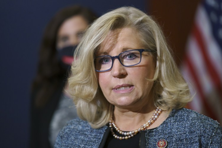 Rep. Liz Cheney, R-Wyo., the House Republican Conference chair, speaks with reporters following a Republican strategy session on Capitol Hill in Washington last month. 
