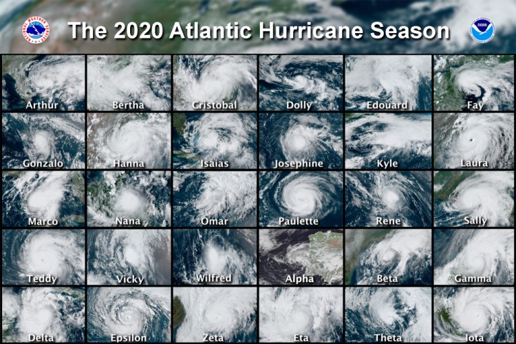 This combination of satellite images provided by the National Hurricane Center shows 30 hurricanes which occurred during the 2020 Atlantic hurricane season. According to a forecast by the U.S. National Oceanic and Atmospheric Administration released on Thursday, they expect another busy Atlantic hurricane season for 2021, but it won't be as crazy as the previous year's record breaker.