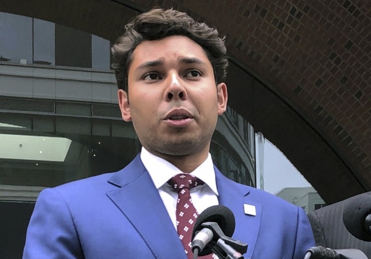 Fall River Mayor Jasiel Correia speaks outside the federal courthouse in Boston after his appearance on bribery, extortion and fraud charges in 2019.  (AP Photo/, File)