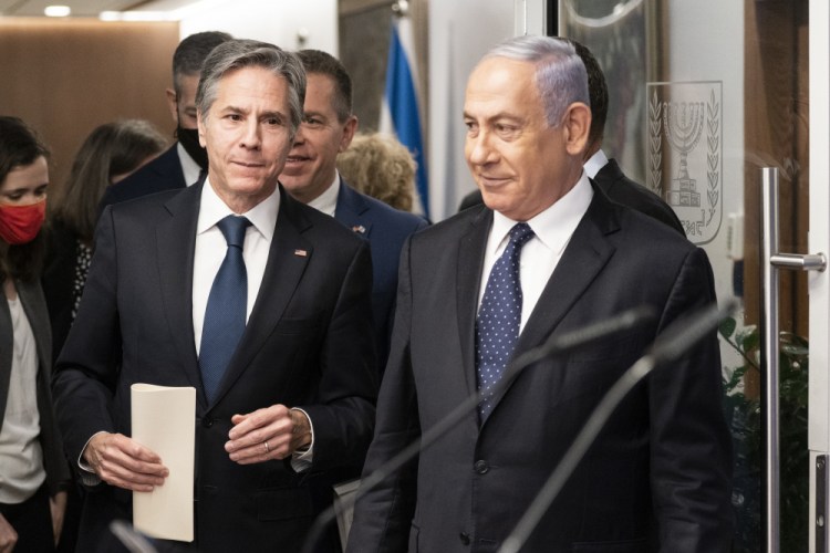 Secretary of State Antony Blinken speaks during a joint statement with Israeli Prime Minister Benjamin Netanyahu at the Prime Minister's office, Tuesday, May 25, in Jerusalem, Israel. 