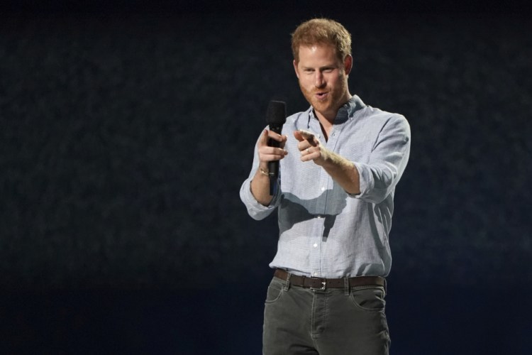 Prince Harry, Duke of Sussex, speaks at "Vax Live: The Concert to Reunite the World" on Sunday, May 2, at SoFi Stadium in Inglewood, Calif. 
