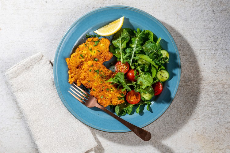 Cauliflower Cutlets With Arugula Salad and Mustard Dressing. MUST CREDIT: Photo by Rey Lopez for The Washington Post.