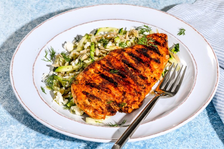 Grilled Chicken With Zucchini Pasta Salad. MUST CREDIT: Photo by Laura Chase de Formigny for The Washington Post.