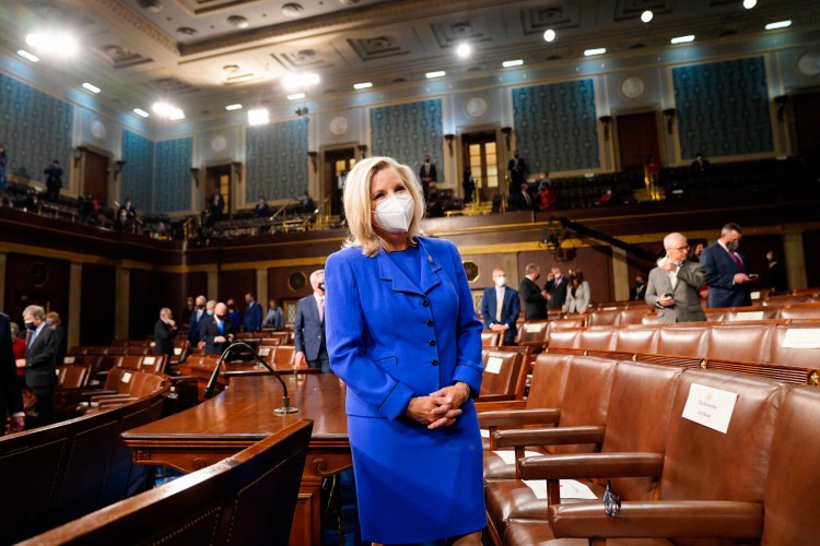 Rep. Liz Cheney, R-Wyo., waits for the arrival of President Joe Biden, before he addresses a joint session of Congress on April 28. MUST CREDIT: Washington Post photo by Melina Mara.