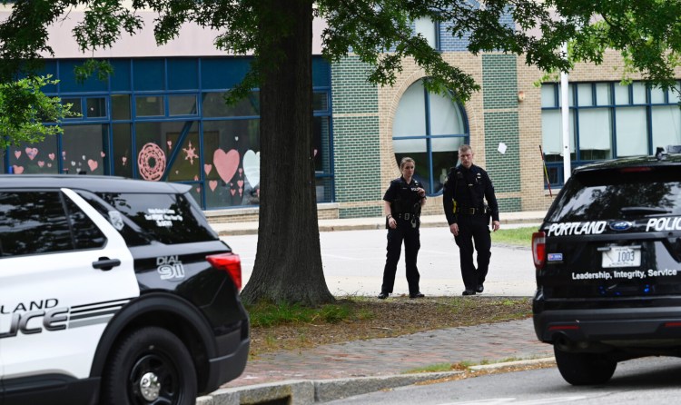 PORTLAND, ME - JUNE 14: Police officers at King Middle School during a lockdown Monday, June 14, 2021. (Staff Photo by Shawn Patrick Ouellette/Staff Photographer)