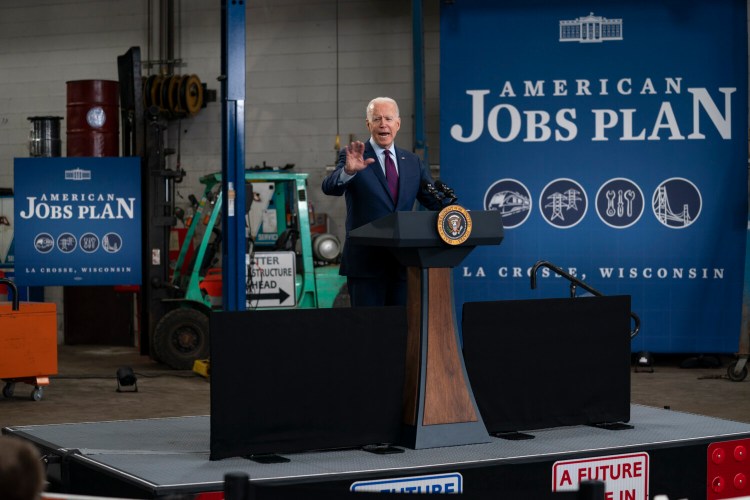 President Joe Biden speaks about infrastructure spending at the La Crosse Municipal Transit Authority, Tuesday, June 29, 2021, in La Crosse, Wis. (AP Photo/Evan Vucci)