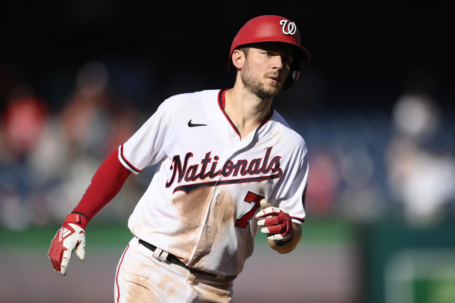 Washington Nationals shortstop Trea Turner, right, forces San