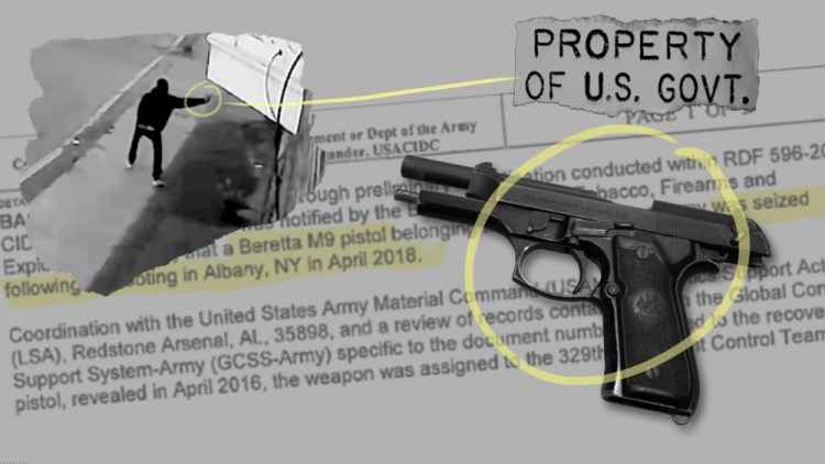 This photo illustration shows a gun tied to four shootings in Albany, New York, an investigative document and surveillance video of one shooting. 