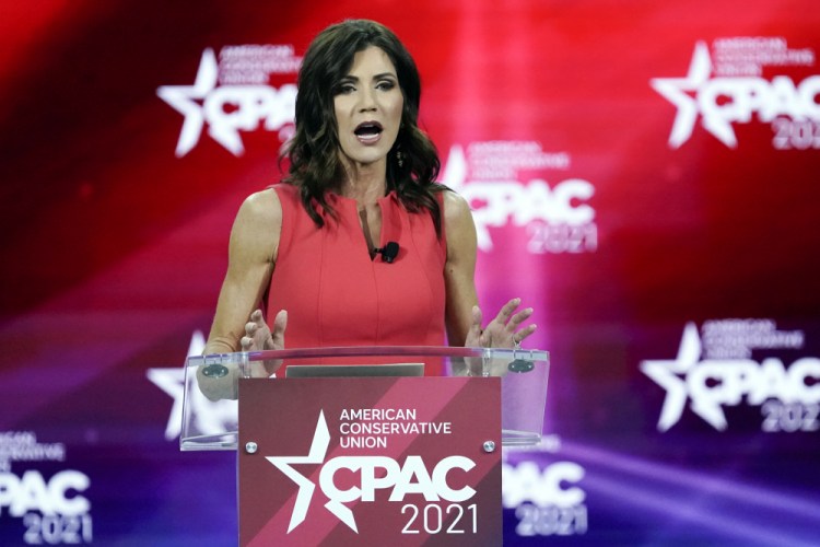 South Dakota Gov. Kristi Noem speaks at the Conservative Political Action Conference (CPAC) in Orlando, Fla. in Feburary. Gov. Noem announced Tuesday that she will join a growing list of Republican governors sending law enforcement officers to the U.S. border with Mexico. 