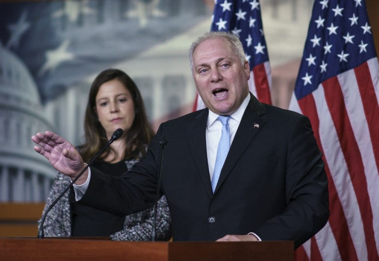 House Minority Whip Steve Scalise, R-La., joined at left by Republican Conference Chair Elise Stefanik, R-N.Y., is encouraging party members to vote against the committee’s formation. 