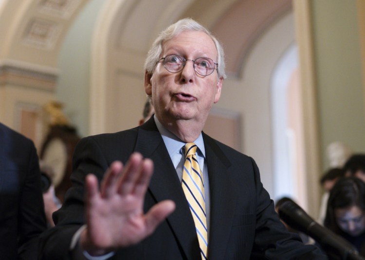 Senate Minority Leader Mitch McConnell, R-Ky., talks with reporters before a key test vote Tuesday on the For the People Act, a sweeping bill that would overhaul the election system and voting rights. Republicans quashed the bill. 