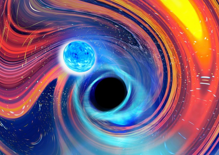 This illustration  depicts a black hole, center, swallowing a neutron star, upper left. The blue lines are gravitational waves, ripples in time and space, which is how astronomers detected the merger, and orange and red areas indicate parts of the neutron star being stripped away.  